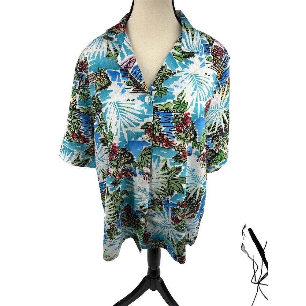 BonWorth Womens Button Up Blouse Tropical Hawaiian Floral Casual Top M
